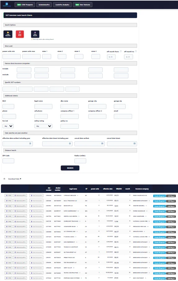 LeadsPro DOT Interstate Leads search interface with filtering by power units, states, insurance companies, and carrier details