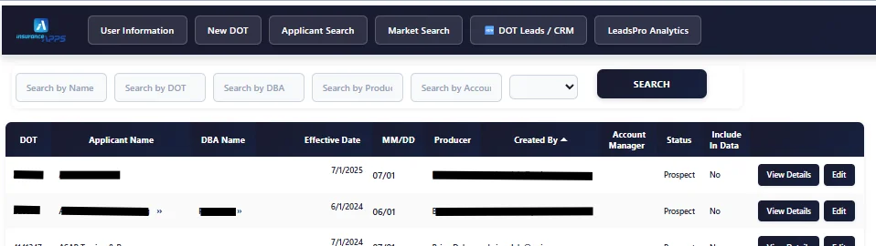 Submission Pro applicant search interface showing DOT number, applicant name, DBA, effective date, producer, and status columns